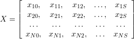     ⌊                              ⌋
       x10,  x11,  x12,  ...,  x1S
    ||  x20,  x21,  x22,  ...,  x2S  ||
X = |⌈  ...   ...   ...   ...  ...  |⌉
      x   , x   , x   ,  ...  x
        N0    N1    N2         NS
