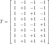     ⌊                 ⌋
      1  - 1  - 1  - 1
    || 1  +1   - 1  - 1 ||
    || 1  - 1  +1   - 1 ||
    || 1  +1   +1   - 1 ||
T = ||                 ||
    || 1  - 1  - 1  +1 ||
    || 1  +1   - 1  +1 ||
    ⌈ 1  - 1  +1   +1 ⌉
      1  +1   +1   +1
